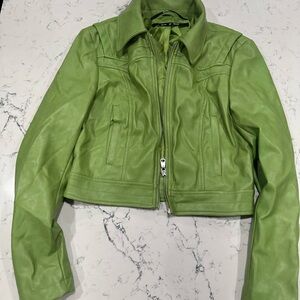 Silence + Noise Green Leather Jacket with Cropped Fit